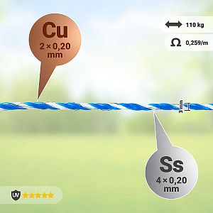 Drôt na elektrický ohradník, priemer 3 mm, bielo-modrý, 0,2 Ω/m