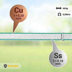 Elektrická ohradníková páska 12,5 mm, bielo-zelená, 200 m, 0,5 Ω/m