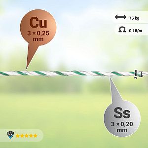Lanko pro elektrický ohradník, průměr 3 mm, zeleno-bílé, délka 1000 m, 0,1 Ω/m