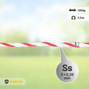 Lano pre elektrický ohradník, priemer 4 mm, bielo-červené, dĺžka 400 m