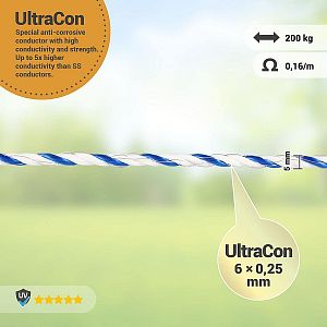 Lano pre elektrický ohradník, priemer 5 mm, modro-biele, 200 m, 0,16 Ω/m