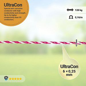 Lano pro elektrický ohradník, průměr 4,5 mm, růžovo-bílé, 200 m, 0,16 Ω/m