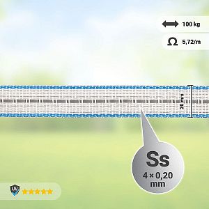 Reflexná páska na elektrický ohradník, šírka 20 mm, bielo-modrá, dĺžka 200 m