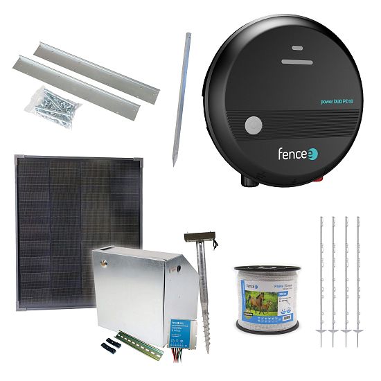 Expertná súprava solárneho plotu - Kompletná bezpečnostná skrinka + 1J napájací zdroj, 40 W panel, 20 mm páska