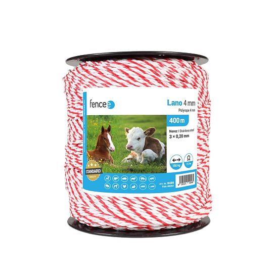 Lano pre elektrický ohradník, priemer 4 mm, bielo-červené, dĺžka 400 m