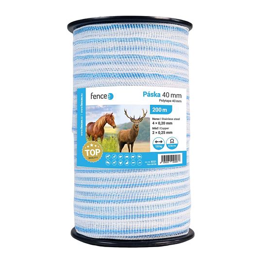 Páska pro elektrický ohradník, šířka 40 mm, bílo-modrá, délka 200 m