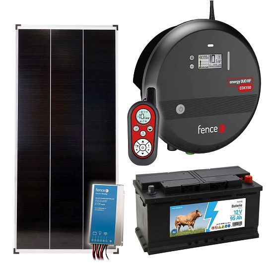 Sada solárneho elektrického plotu, 15J napájanie a diaľkové ovládanie, 200 W panel, regulátor a 95 Ah batéria